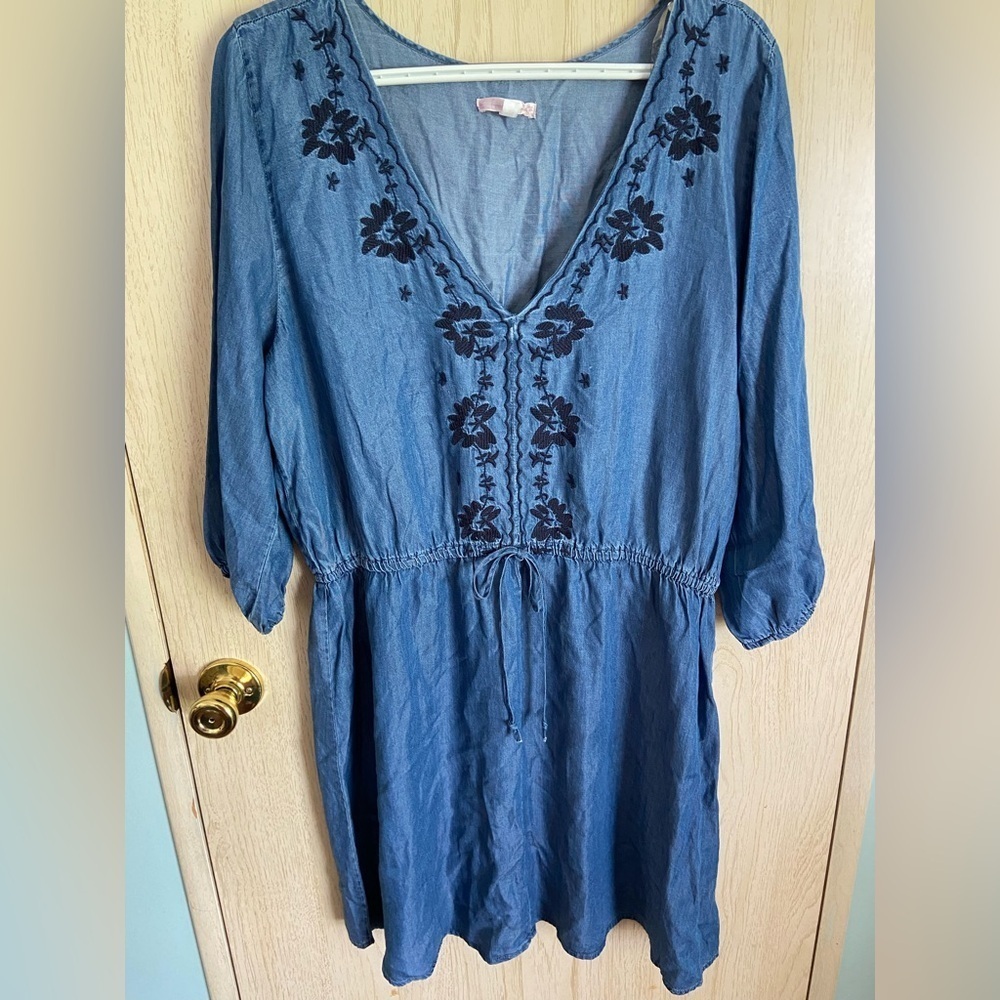 Free 2 Luv Chambray Embroidered Boho Casual Dress Sz 0X